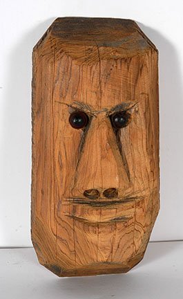 Jesse Aaron. Face.: Jesse Aaron. Face. c. 1970’s. Initialed. Carved wood, plastic eyes. Excellent condition. 6” x 12”x 3”. Est. $300-500. Ship: $35