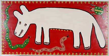 Richard Burnside. White Wolf.: Richard Burnside. White Wolf. 1992. Signed and dated. Enamel on plywood with pine cone appliques. Missing two cones, otherwise great condition. 48” w x 24”h. Est. $600-900. Ship: $100
