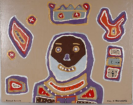 Richard Burnside. King Of Mozambique.: Richard Burnside. King Of Mozambique. Signed and titled. Acrylic on plywood. Excellent condiiton. 29” w x 23”h. Est. $300-500. Ship: $45