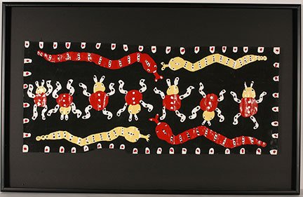 Richard Burnside. Bugs & Snakes.: Richard Burnside. Bugs & Snakes. Not signed or dated. Paint on paperbag. Excellent condition. Image is 37” w x 16”h. Frame is 44” w x 28”h. Provenance: The Kelly Ludwig Collection. Est. $100-2