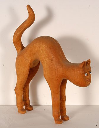 Sulton Rogers. Scardy Cat.: Sulton Rogers. Scardy Cat. Not signed or dated. Carved stained wood with painted eye. Excellent condition. 14.5” x 11”x 5”. Provenance: The Ginger Young Gallery. Est. $300-500. Ship: $45