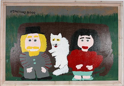 Jake McCord. Couple With Cat On Couch.: Jake McCord. Couple With Cat On Couch. 2000. Signed and dated. Paint on found plywood. Excellent condition. Size with frame is 52” w x 36”h. Est. $400-600. Ship: $250