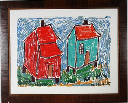 Beverly Buchanan. Red and Green Houses.: Beverly Buchanan. Red and Green Houses. 2009. Signed and dated. Oil stick on artist paper. Excellent condition. Image is 30” w x 22”h. Frame is 40”w x 33”h. Est. $500-800. Ship: $150