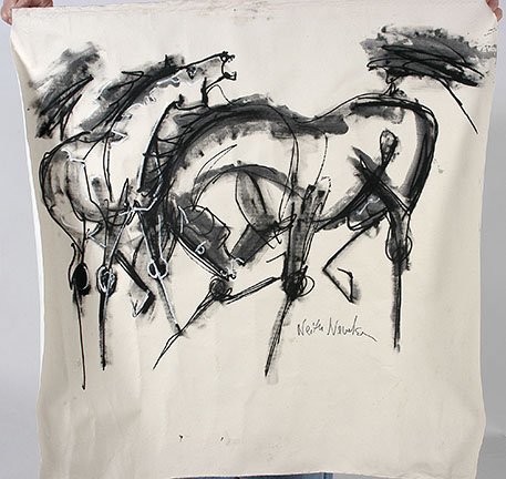 Neith Nevelson. Stallions.: Neith Nevelson. Stallions. Signed. Not dated. Paint on unstretched canvas. Excellent condition. 35” x 34”. Est. $400-600. Ship: $45