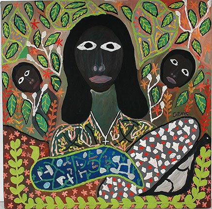 Denis Smith. Three Figures In Leaves.: Denis Smith. Three Figures In Leaves. 1981. Signed and dated. Paint on masonite. Excellent condition. 23” w x 23”h. Est. $200-400. Ship: $45