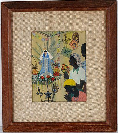 Jack Hofflander. Haitian Saints.: Jack Hofflander. Haitian Saints (American). 1957. Signed and dated. Watercolor on artist board. Excellent condition. Image is 5.5” x 7”. Frame is 10” x 12”. Est. $300-500. Ship: $35