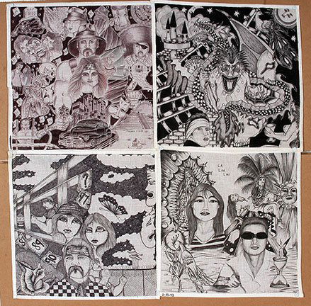 TX Chicano Prisoners. Smiley & LaLouLou Panos.: Texas Chicano Prisoners. Smiley & LaLouLou Panos. 1993 & 1999. Some signed and dated. Ink on handkerchiefs. Excellent condition. Each is 14” x 14”. Est. $400-800. Ship: $25