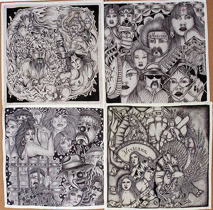 TX Chicano Prisoners. Mexicano & Pancho Panos.: Texas Chicano Prisoners. Mexicano & Pancho & Mexicana Panos. 1999. Some signed and dated. Ink on handkerchiefs. Excellent condition. Each is 14” x 14”. Est. $400-800. Ship: $25