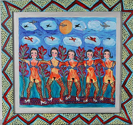 Sarah Rakes. Paper Dolls Love Fish Net Stockings: Sarah Rakes. Paperdolls Love Fish Net Stockings. Signed and titled on verso. Not dated. Oil on board. Excellent condition. Size with artist decorated frame. 20” w x 19” h. Est. $300-500. Ship: $45