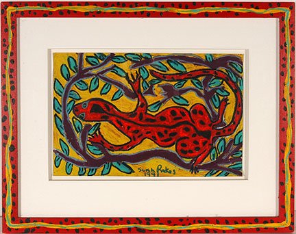 Sarah Rakes. Lizard On A Tree.: Sarah Rakes. Lizard On A Tree. 1991. Signed, dated and titled. Paint on paper with artist decorated frame. 21” w x 17” h. Excellent condition. Est. $200-300. Ship: $45