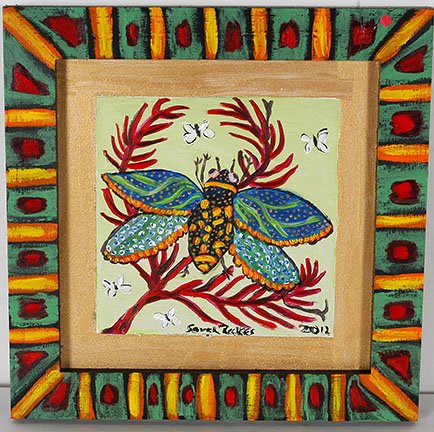 Sarah Rakes. Big Moth On A Vine.: Sarah Rakes. Big Moth On A Vine. 2012. Signed, dated and titled. Oil on board. Excellent condition. Size with artist decorated frame is 9.5” w x 9.5” h. Est. $100-200. Ship: $30