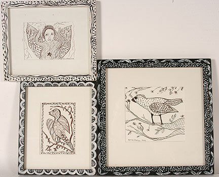 Sarah Rakes. Three Paintings.: Sarah Rakes. Three Paintings. Paint on paper. Signed and dated, 1993. Excellent condition. Largest is 13.5” x 13.5” including artist decorated frame. Est. $200-300. Ship: $35