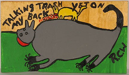 Ruby Williams. Talking Trash.: Ruby Williams. Talking Trash. 2000. Signed and dated. Paint on board. Excellent condition. 26” w x 15”h. Est. $100-300. Ship: $45
