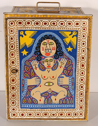 Rex Clawson. Religious Courio Box.: Rex Clawson. Religious Courio Box. c. 1969. Signed. Not dated. Enamel on metal. Great condition. 12” w x 16.5” h x 10”. Est. $300-500. Ship: $65