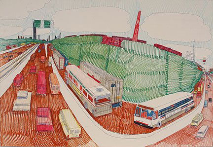 Wesley Willis. Dan Ryan Expressway.: Wesley Willis. Dan Ryan Expressway. 1993. Signed and dated. Marker and ink on poster. Excellent condition. 41”w x 28” h. Est. $300-500. Ship: $100