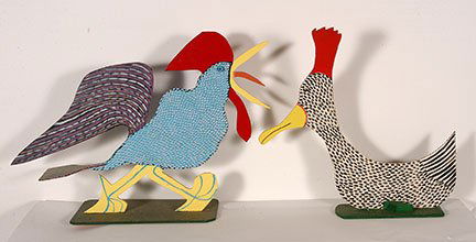 Marvin Finn. Two Red-Headed Fowls.: Marvin Finn. Two Red-Headed Fowls. 1985-92. Signed and dated. Painted on cutout board. Slight warping to duck, otherwise great condition. 18” x 25” x 7”. Est. $200-400. Ship: $55
