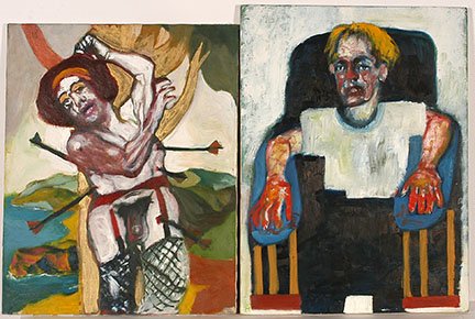 Kyle Ranson. Boxer & St. Sebastian In Drag.: Kyle Ranson. The Boxer and St. Sebastian In Drag. 1993. Signed, dated and titled. Oil on canvas. Excellent condition. Average size is 24” w x 32” h. Est. $200-300. Ship: $55