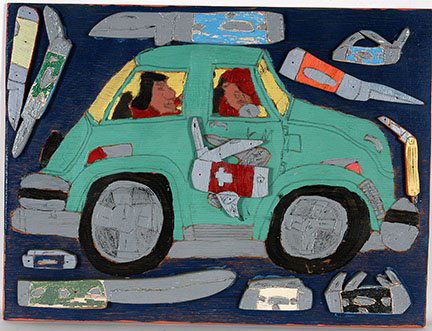 John Martin. Pocket Knives And Car.: John Martin. Pocket Knives And Car. Signed. Not dated. Carved and painted wood attached to painted board. Creative Growth Artist. Excellent condition. 24” w x 18” h. Provenance: The private collec