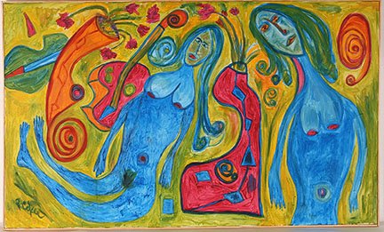 Jerry Coker. The Ladies Of Santiago.: Jerry Coker. The Ladies Of Santiago. Oil on canvas. Signed and titled on verso. Very large. 61”w x 37”h. Excellent condition. Provenance: The Ted Oliver Collection. Est. $400-800. Buyer is respons