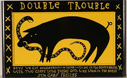 Jim Gary Phillips. Double Trouble.: Jim Gary Phillips. Double Trouble. Signed and titled. Not dated. Paint on wooden cabinet door. Excellent condition. 21”w x 13”h. Est. $100-200. Ship: $35