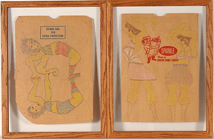 Lewis Smith. Wrestling Women.: Lewis Smith. Wrestling Women. Pair of double-sided women. Not dated. Framed to see both sides. Excellent condition. 16”x 21” with frame. Est. $100-200. Ship: $65