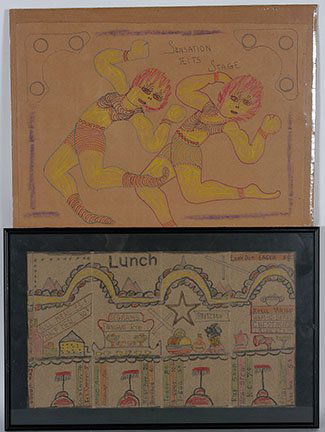 Lewis Smith. Sensation & Lunch Counter.: Lewis Smith. Sensation and Lunch Counter. Not signed or dated. Crayon and marker on paper bag and cardboard. Excellent condition. Average size is 19” w x 12”h. Est. $100-200. Ship: $45