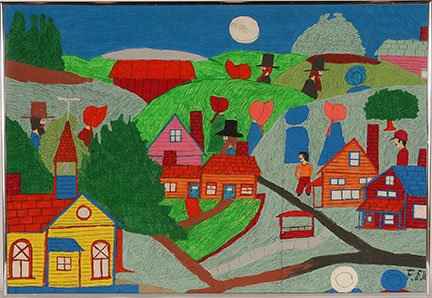 Floretta Warfel. Penn-Amish At Home.: Floretta Warfel. Penn-Amish At Home. Initialed. Not dated. Embroidery pen on bed sheet. Excellent condition. 32” w x 22”h. Provenance: The George and Sue Viener Collection. Est. $300-400. Ship: $5