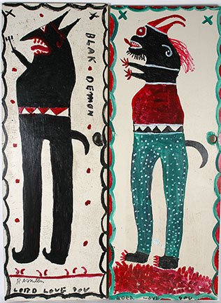 R.A. Miller. Pair of Devil Doors.: R.A. Miller. Pair of Devil Doors. Signed. Not dated. Painted hollow field wooden doors. Some foxing, otherwise good condition. 27’ w x 79” each. Est. $500-800. Buyer is responsible for shipping.