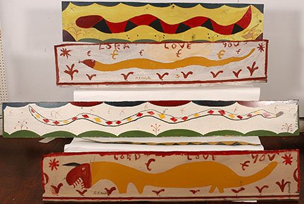 R.A. Miller. 4 Snakes & One Dragon.: R.A. Miller. Group of Four Snakes and One Dragon. Signed. Not dated. Paint on tin and masonite. Excellent condition. Largest is 84” w x 10”h. Est. $300-500. Ship: $250