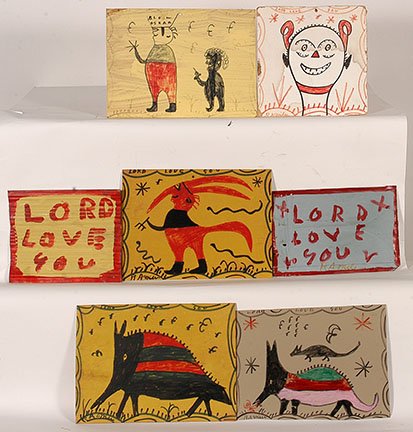 R.A. Miller. Seven Square Works.: R.A. Miller. Seven Square Works. Signed and dated. Paint on tin and boards. Good condition. Average size is 16”x 9”. Est. $100-200. Ship: $45