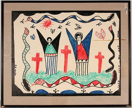R.A. Miller. Angels On Calvary Mountain.: R.A. Miller. Angels On Calvary Mountain. Signed. Not dated. Markers on poster. Great condition. Size with frame is 33”w x 27”h. Est. $200-400. Ship: $85