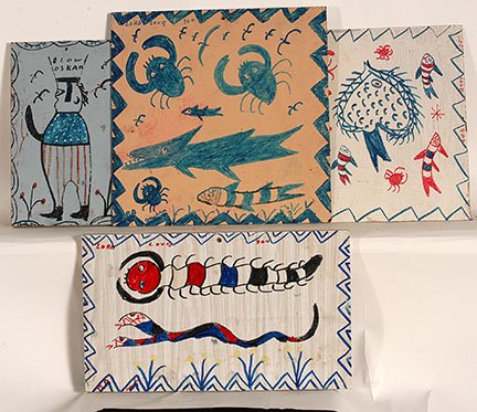 R.A. Miller. Four Works.: R.A. Miller. Four Works. Signed. Not dated. Marker and paint on board. Great condition. Average size is 16”x 12”. Provenance: The George and Sue Viener. Est. $50-100. Ship: $45