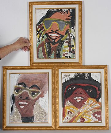 Artist Chuckie Williams. Three works.: Artist Chuckie Williams. John Lee Hooker, Ray Charles, Stevie Wonder. Three works. All titled. Not dated. Paint and glitter on canvas panels. Excellent condition. Each is 15” w x 18” h with frame.