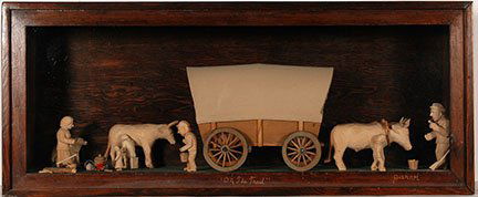 Unto Jarvi. On The Trail Diorama.: Unto Jarvi. On The Trail Diorama. Kentucky artist. c. 1980. Wood carving, mixed media in shadow box wooden frame. Signed and titled. Exhibited at Capital Art Center, 1982. Excellent condition. 45” l