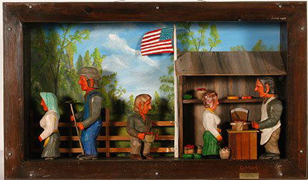 Unto Jarvi. Roadside Stand Diorama.: Unto Jarvi. Roadside Stand Diorama. Signed and titled. Not dated. Carved wood, paint and mixed media in shadow box frame. Excellent condition. 28” x 16”x 5”. Est. $300-500. Ship: $100