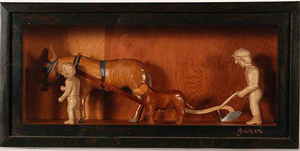 Unto Jarvi. Plowing Diorama.: Unto Jarvi. Plowing Diorama. Signed. Not titled or dated. Carved wood, some stain and paint, shadowbox frame. Excellent condition. 22”x 10” x 6”. Est. $300-400. Ship: $85