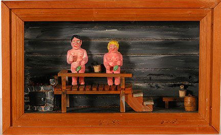 Unto Jarvi. Sauna Diorama.: Unto Jarvi. Sauna Diorama. 1987. Signed, dated and titled. Carved wood and paint in shadowbox frame. Excellent condition. 21”x 13”x 6”. Est. $200-300. Ship: $85