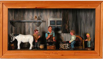 Unto Jarvi. Village Smithy Diorama.: Unto Jarvi. Village Smithy Diorama. Signed and titled. Not dated. Carved wood and paint in shadow box wooden frame. 32.5” x 18” x 10”. Est. $600-800. Ship: $150