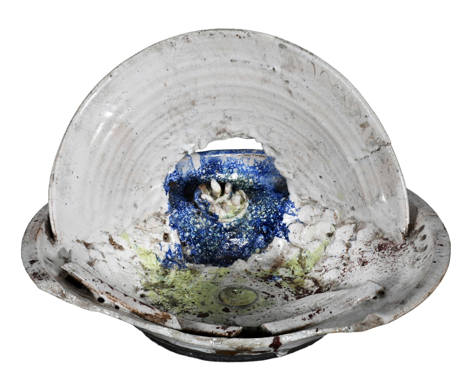 Bob Owens. Unusual Raku Sculpture Plate.: Bob Owens. Unusual Raku Sculpture Plate. 2003. Signed and dated. White and blue, assembled. Excellent condition. 7.5" x 12.5" x 11". Provenance: The Ben Owens Collection. Est. $150-200. Ship: $65