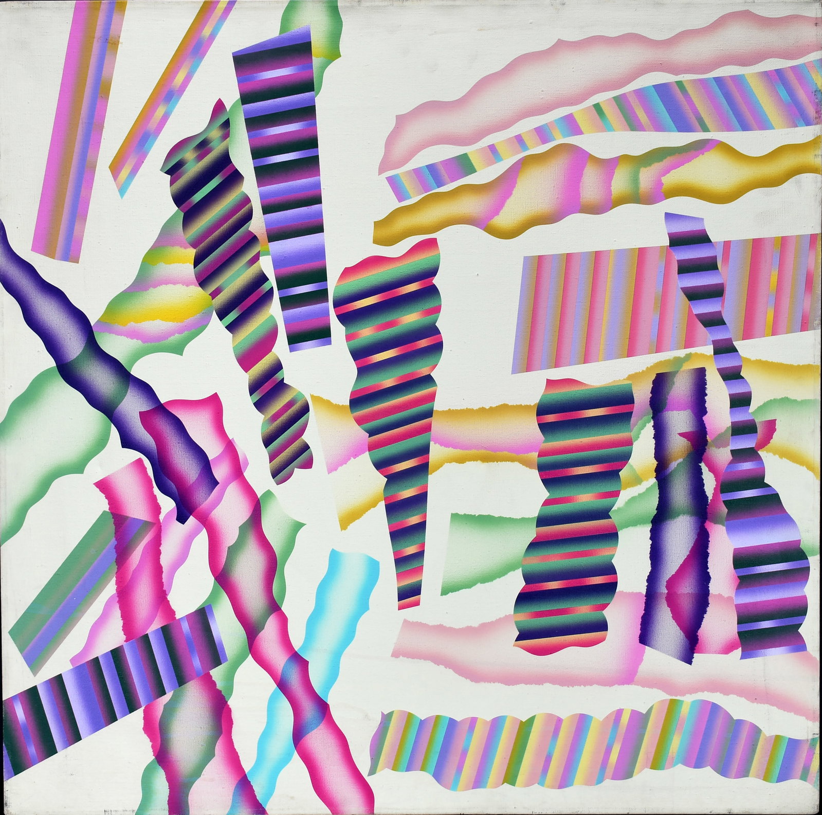 Jordan Davies. Memphis Striped Abstract.: Jordan Davies. Memphis Striped Abstract. Not signed or dated. Oil on canvas. Minor surface grime, otherwise great condition. 30" w x 30" h. Provenance: Phyllis Kind Gallery. Est. $800-1,200. Ship: $15
