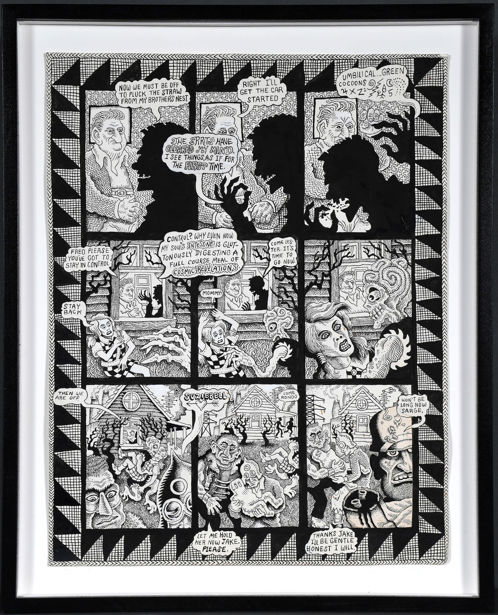 Joe Coleman. The Spirits Have Cleared My Mind.: Joe Coleman. The Spirits Have Cleared My Mind. Not signed or dated. Ink on paper with added talking bubble collages. Excellent condition. Image is 11" w x 14" h. Frame is 13.5" w x 16.5" h. Est. $3,00