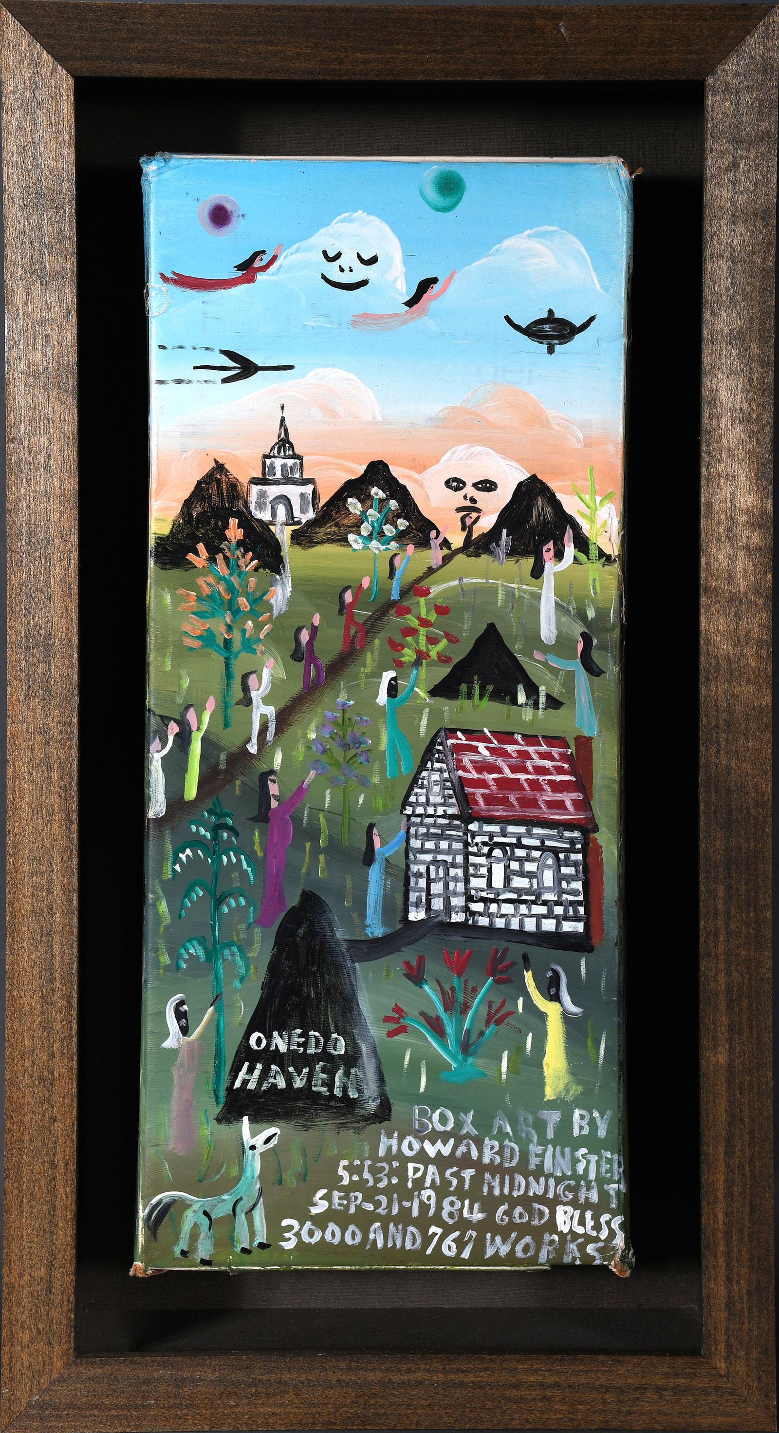 Howard Finster. Box Art, #3,767.: Howard Finster. Box Art, #3,767. 1984. Signed, dated, titled and numbered. Paint on discarded Panasonic portable cassette cardboard box. Excellent condition. Size with box frame 9.5" w x 17" h x 3" d.