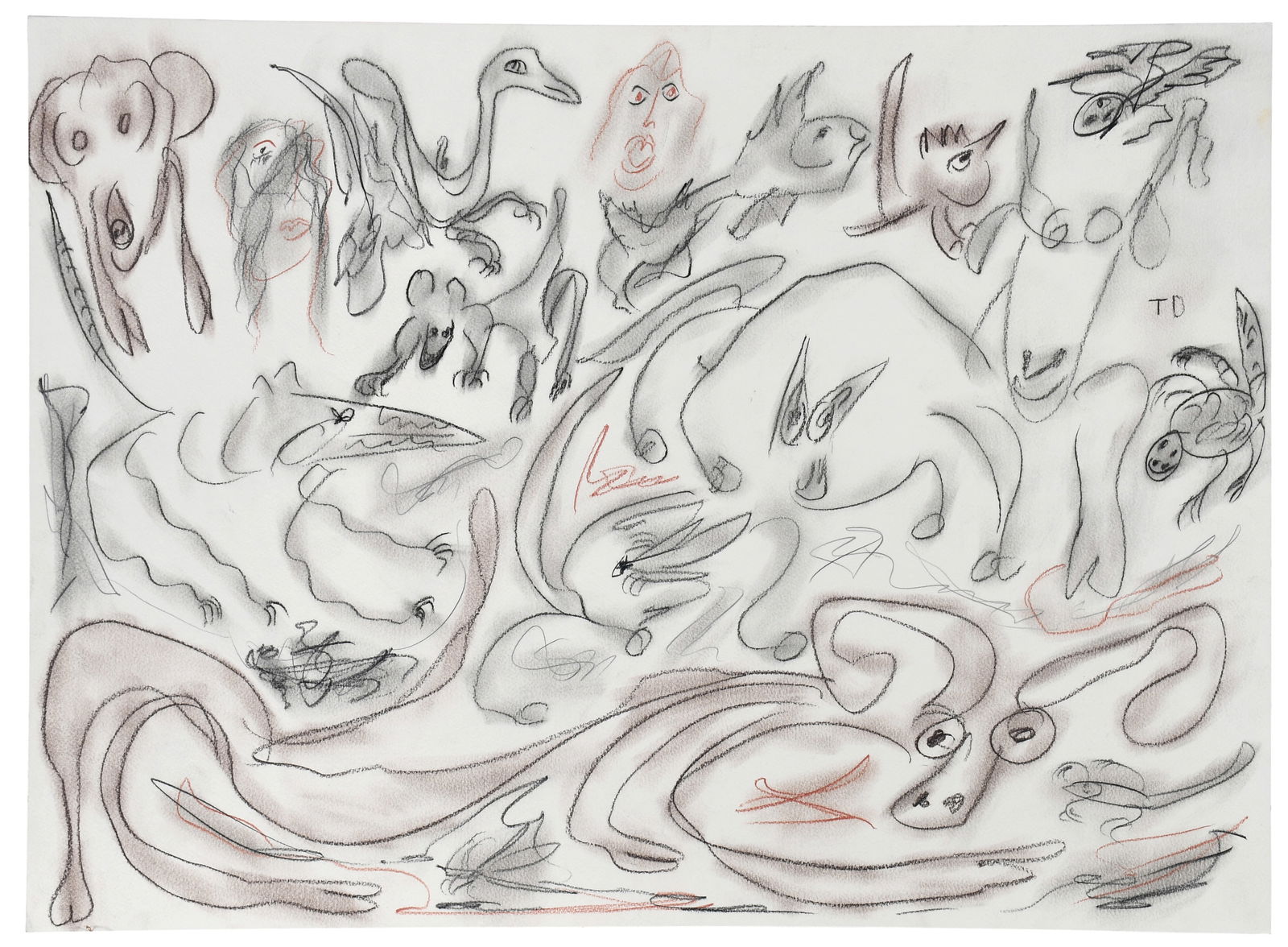 Thornton Dial. Something About the Snow.: Thornton Dial. Something About the Snow "Looking for a Home". 1993. Initialed, dated and titled. Charcoal, watercolor, mixed media on artist paper. Excellent condition. 30" w x 22" h. Provenance: Phyl