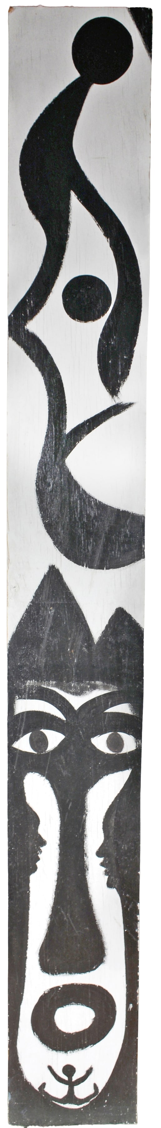 Lonnie Holley. Pregnant Woman with Wolf Under.: Lonnie Holley. Large Pregnant Woman with Wolf Under. Not signed or dated. Paint on found board. Minor paint rubs, otherwise good condition. 11.5" w x 96" h. Est. $1,000-2,000. Buyer is responsible for
