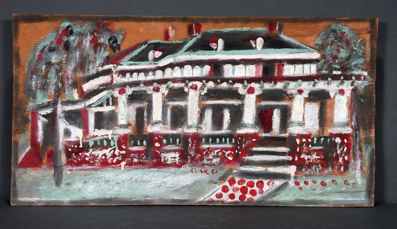 Jimmy Lee Sudduth. House In Fayette Co.: Jimmy Lee Sudduth. House In Fayette Co. Signed and titled. Mud and paint on board. Excellent condition. 30" w x 16" h. Provenance: The Richard Gasperi and James Resko Private Collection. Est. $800-1,2