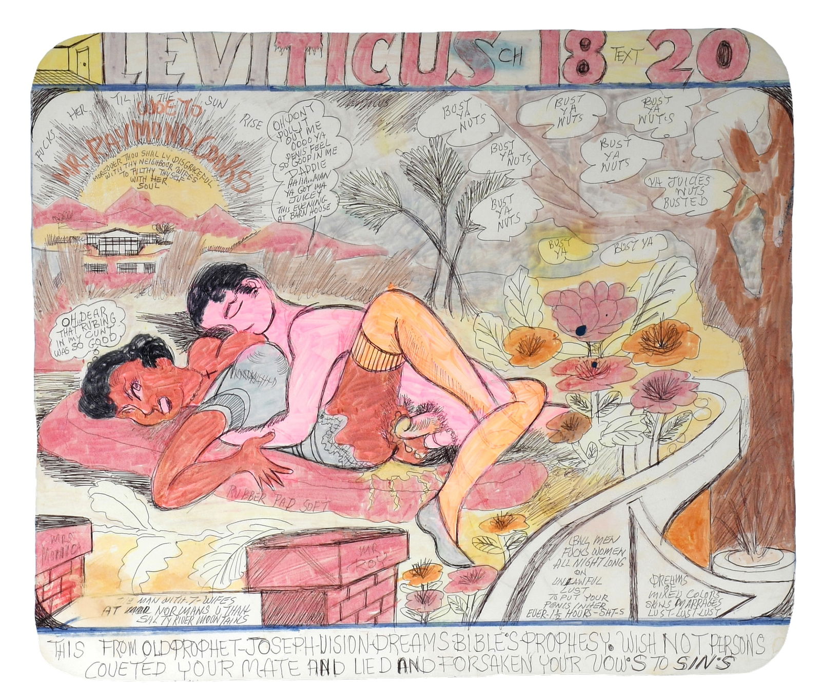 Prophet Royal Robertson. Leviticus and Calendar.: Prophet Royal Robertson. Leviticus and Calendar. Double-Sided. 1991. Signed, dated and titled. Paint, marker and ink on poster. Slight fading of marker, otherwise great condition. Fantastic erotic sub