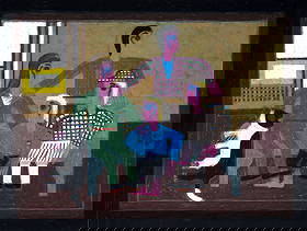 Eddie Arning. Family with Dog.: Eddie Arning. (1898-1993, TX). Family with Dog. #1824. Signed and numbered. Craypas on paper. Excellent condition. Image is 25" w x 19" h. Est. $2,000-3,000. Ship: $75