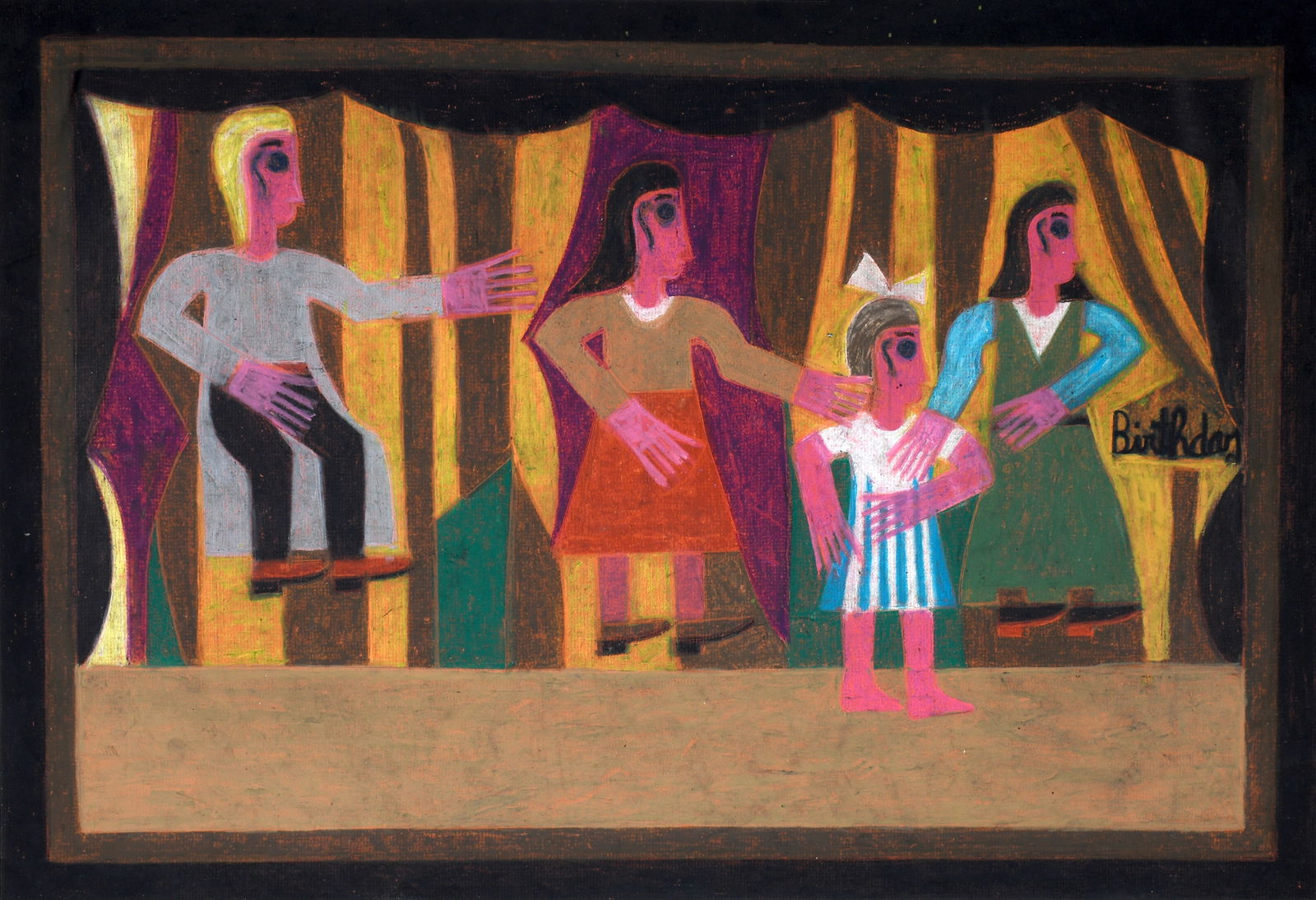 Eddie Arning. Birthday.: Eddie Arning. Birthday. #1814. Signed, titled and numbered on verso. Craypas on paper. Excellent condition. Image is 32" w x 22" h. Est. $2,000-3,000. Ship: $100