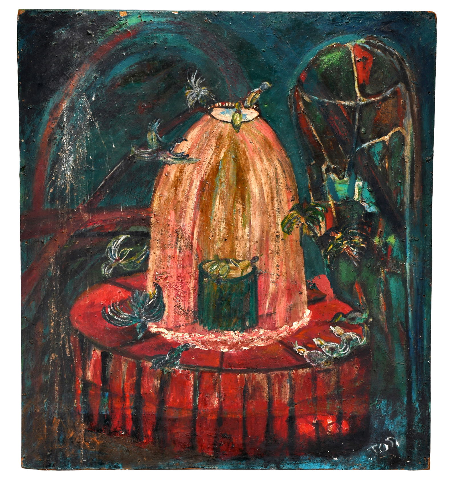 Jon Serl. Bird Feeder.: Jon Serl. Bird Feeder. Signed. Paint on found Masonite. Heavy surface grime with large spill stain. Needs cleaning. Some paint wear on edges. Overall good to fair condition. 37" w x 41" h. Est. $500-1