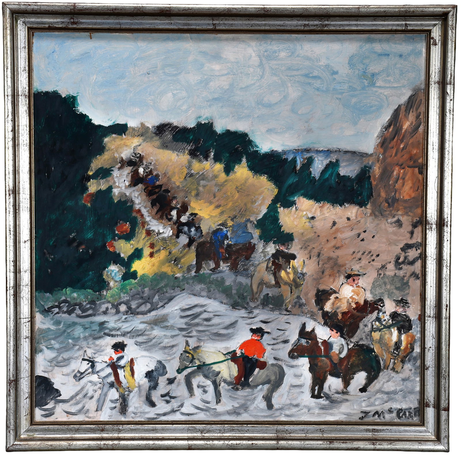 Justin McCarthy. The Trail Ride.: Justin McCarthy. The Trail Ride. Signed. Oil on Masonite. Minor loss upper left otherwise great condition. Size with frame 27" w 27" h. Est. $2,000-3,000. Ship: $85